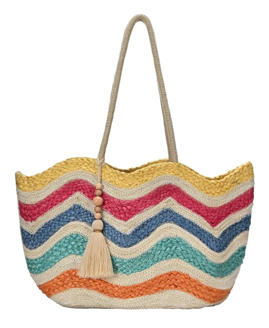 Wavy Rainbow Straw Tote Bag