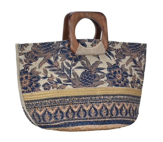 Handmade Tropical Boho Jute Tote With Wooden Handles