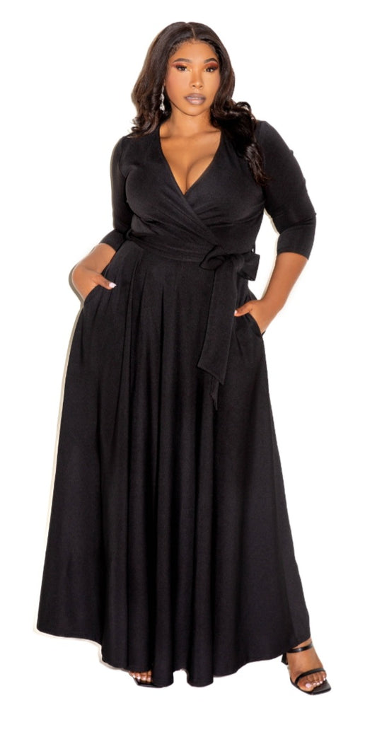 3/4 SLEEVE TIE WAIST MAXI DRESS