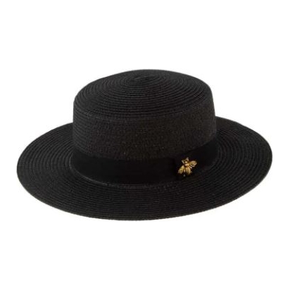 Bee Charm Black Band Flat Top Straw Hat